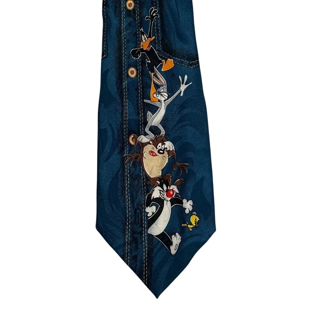 1997 Looney Tunes Denim Shirt Illusion Tie Bugs Bunny Sylvester Taz Daffy Silk
